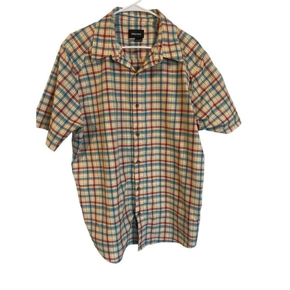 Marmot Mens Yellow Red Plaid For Life Short Sleeve Button-Down Shirt Size XL - Picture 1 of 9